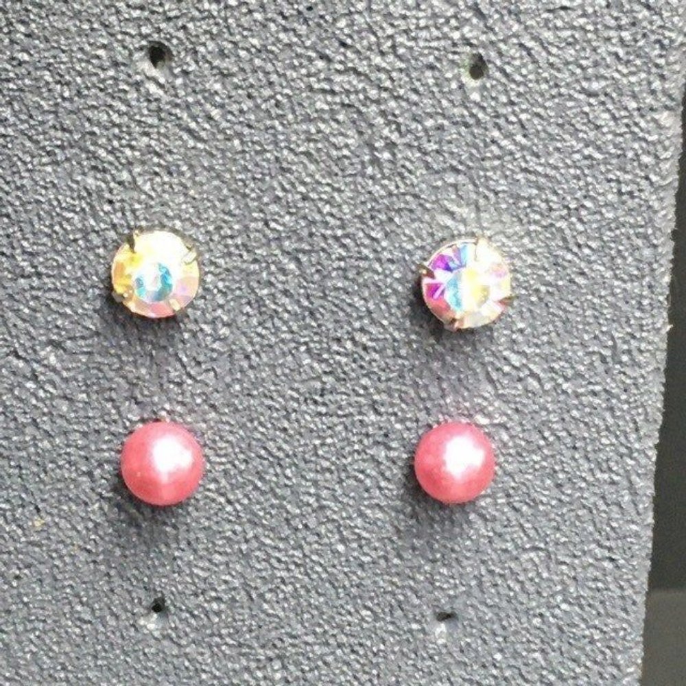Pink Stud Earrings Lot Pierced Iridescent Pearl Silver Retro Classic Bling Glam